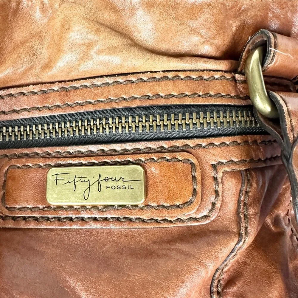 Fossil Fifty Four Vintage Leather Satchel Bag Purse Cognac Brown Y2K Key Charm